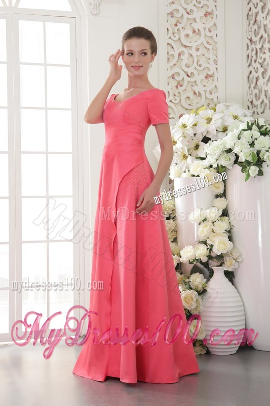 Scoop Neckline Short Sleeve Ruche Beading Watermelon Evening Dress Floor Length