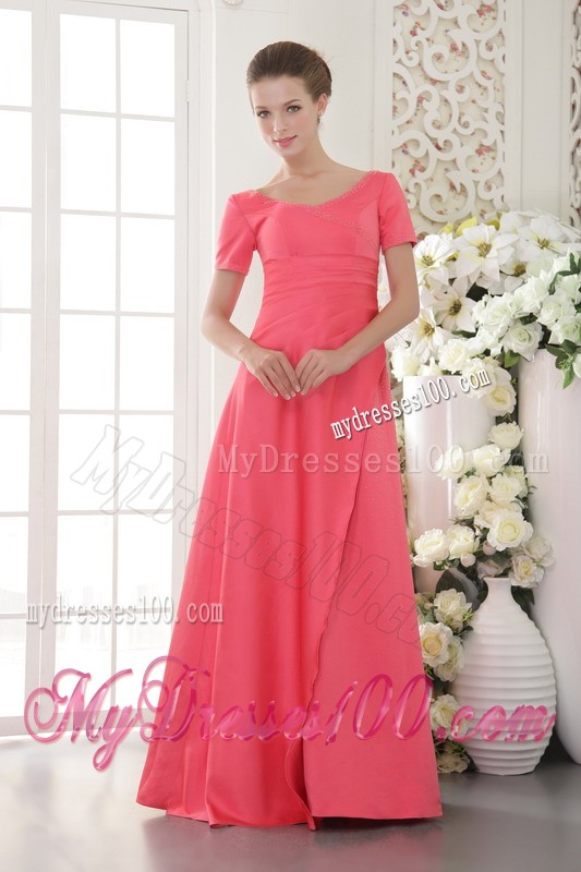 Scoop Neckline Short Sleeve Ruche Beading Watermelon Evening Dress Floor Length