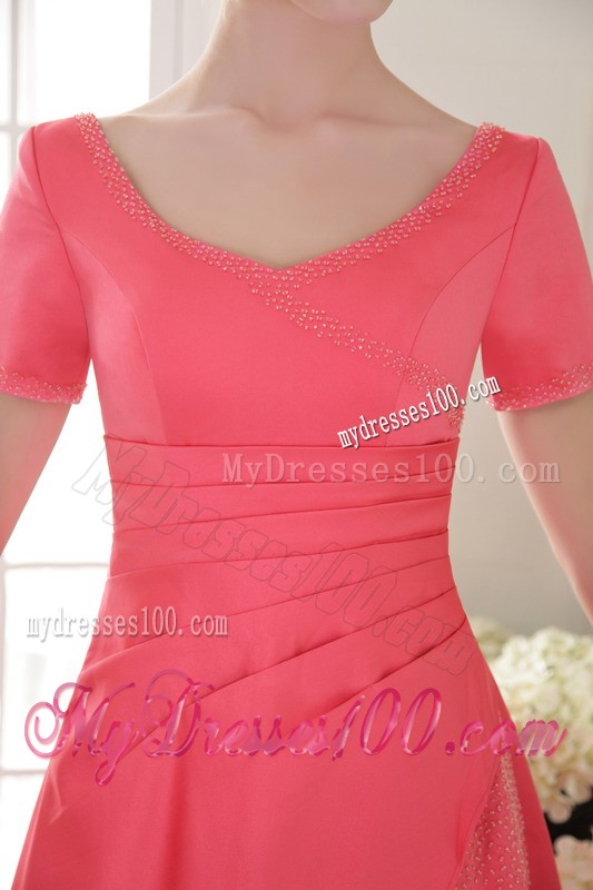 Scoop Neckline Short Sleeve Ruche Beading Watermelon Evening Dress Floor Length
