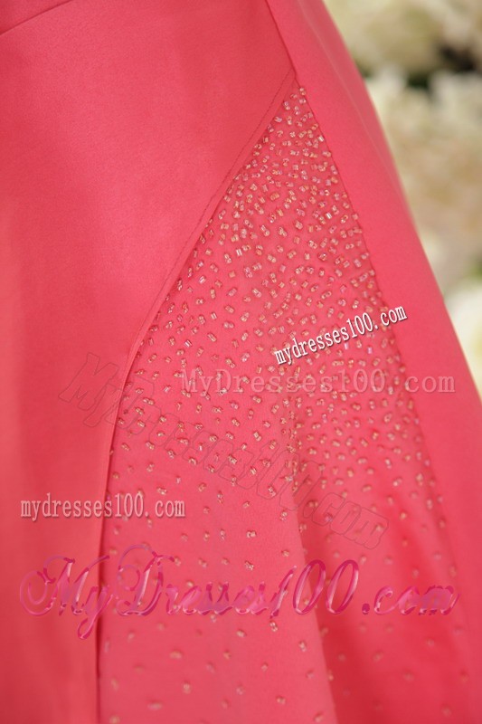Scoop Neckline Short Sleeve Ruche Beading Watermelon Evening Dress Floor Length