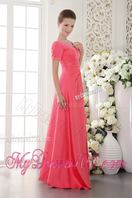 Scoop Neckline Short Sleeve Ruche Beading Watermelon Evening Dress Floor Length