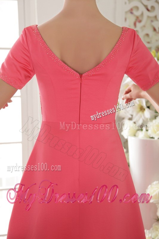 Scoop Neckline Short Sleeve Ruche Beading Watermelon Evening Dress Floor Length