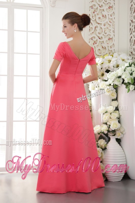 Scoop Neckline Short Sleeve Ruche Beading Watermelon Evening Dress Floor Length