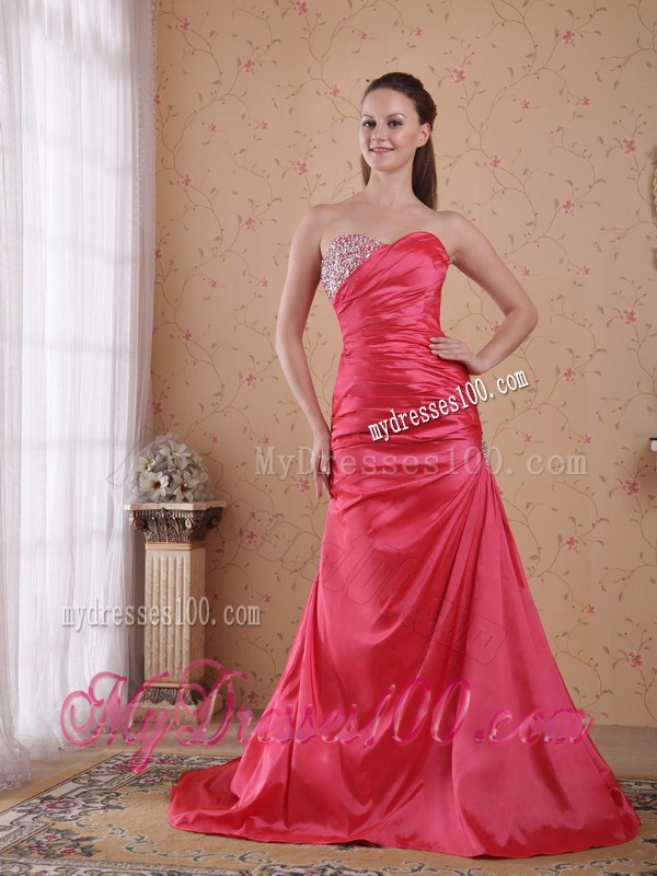 Court Train Beading and Ruche Decorated Coral Red Prom Gown in A-Line Style