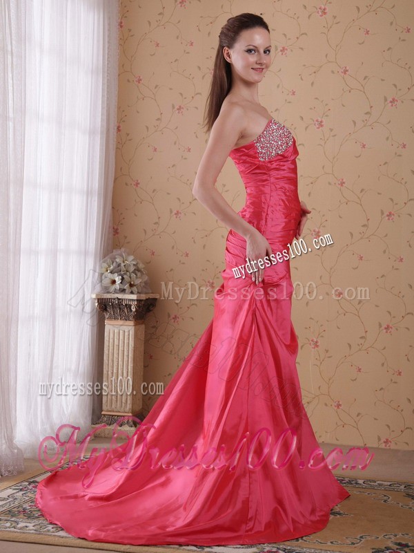 Court Train Beading and Ruche Decorated Coral Red Prom Gown in A-Line Style