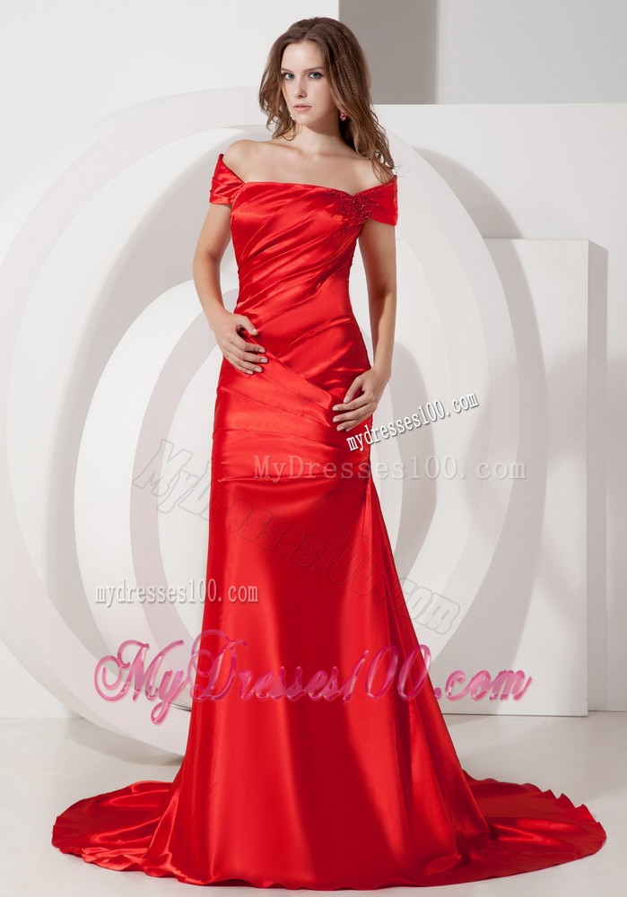 Mermaid Court Train Off The Shoulder Ruched Prom Party Dresses in Wine Red