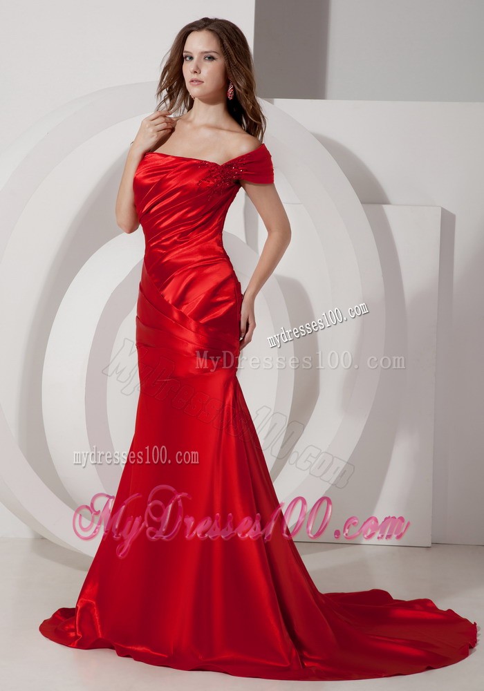Mermaid Court Train Off The Shoulder Ruched Prom Party Dresses in Wine Red