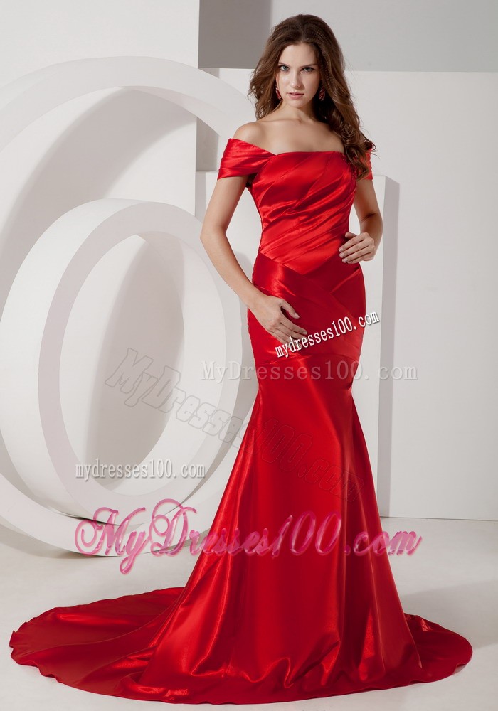 Mermaid Court Train Off The Shoulder Ruched Prom Party Dresses in Wine Red