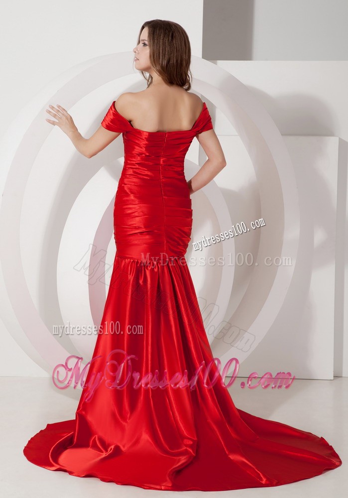 Mermaid Court Train Off The Shoulder Ruched Prom Party Dresses in Wine Red