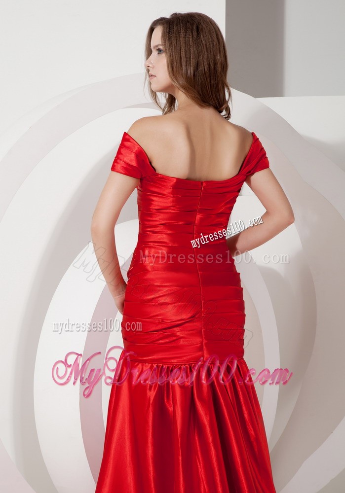 Mermaid Court Train Off The Shoulder Ruched Prom Party Dresses in Wine Red
