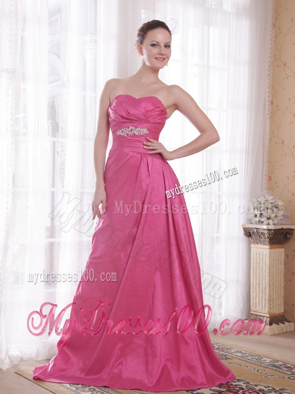 Sweetheart Court Train Rhinestones and Ruche Decorated Rose Pink Prom Dress