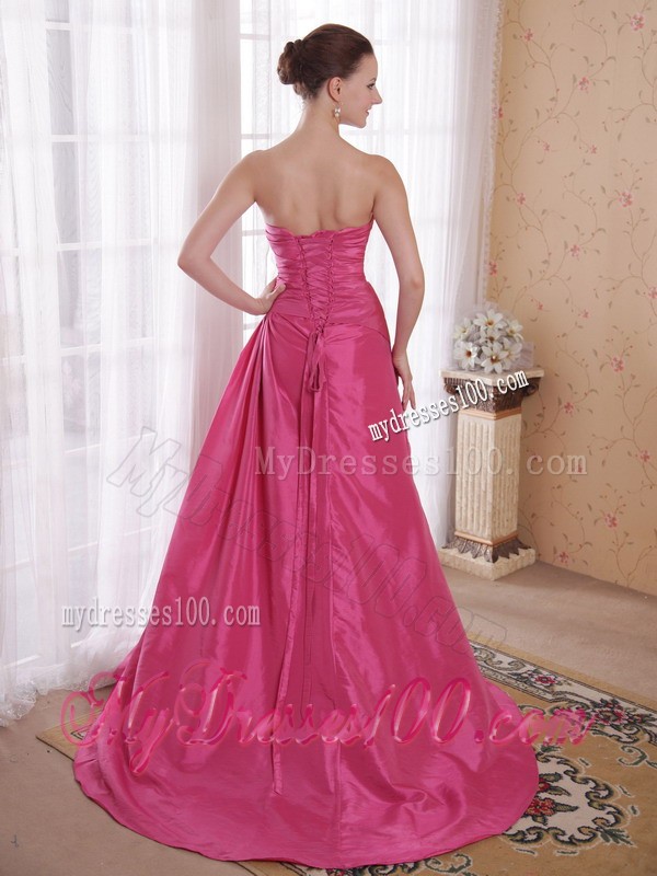 Sweetheart Court Train Rhinestones and Ruche Decorated Rose Pink Prom Dress