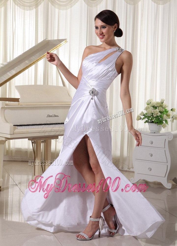 White One Shoulder High Slit Prom Evening Dresses with Cutouts and Ruche