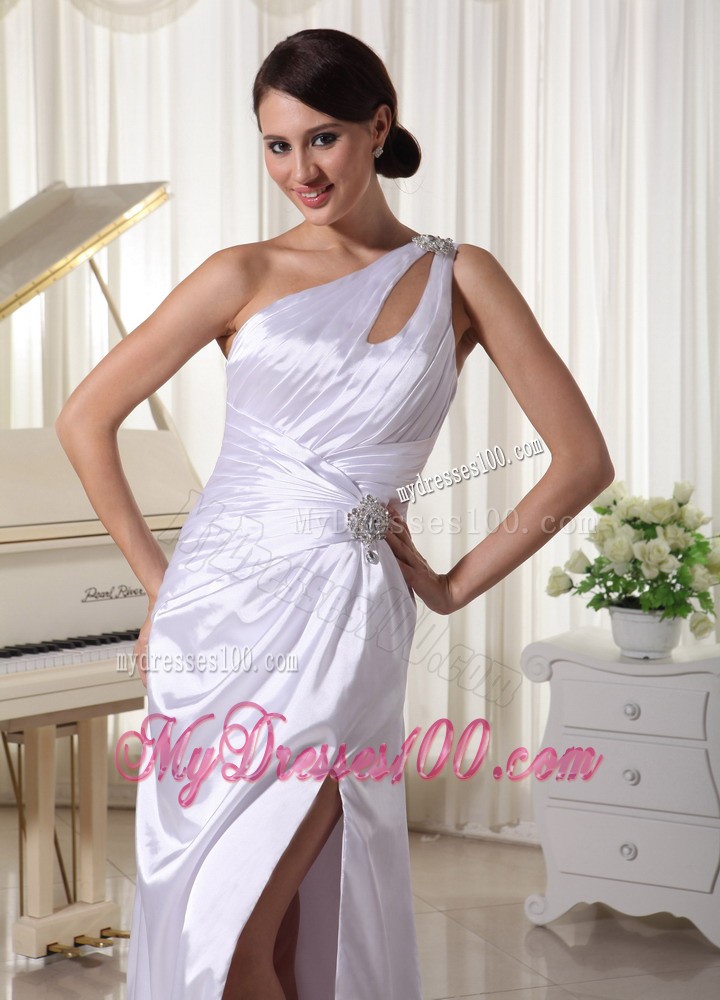 White One Shoulder High Slit Prom Evening Dresses with Cutouts and Ruche