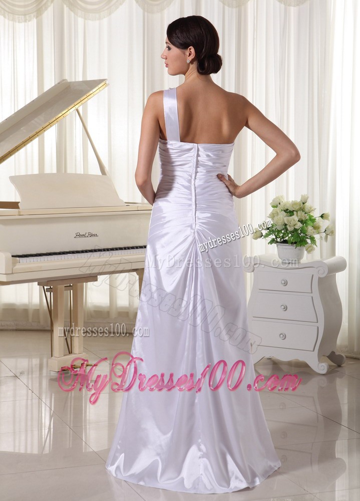 White One Shoulder High Slit Prom Evening Dresses with Cutouts and Ruche