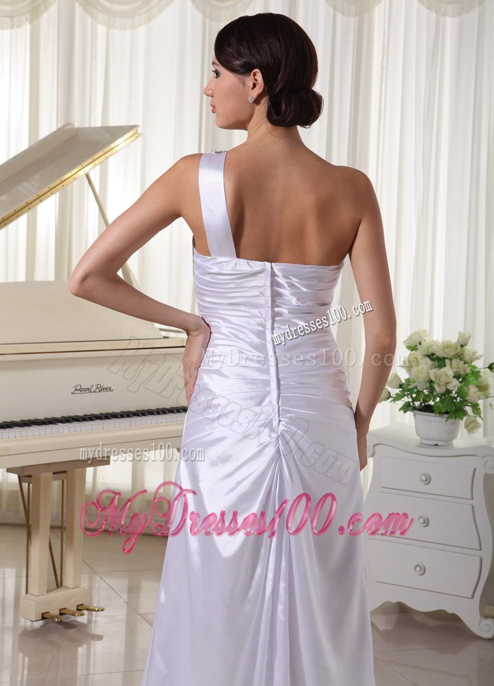 White One Shoulder High Slit Prom Evening Dresses with Cutouts and Ruche