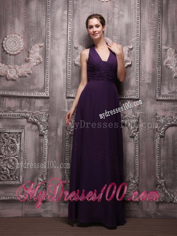 Dark Purple Halter Top V-neck Floor-length Chiffon Prom Evening Dresses
