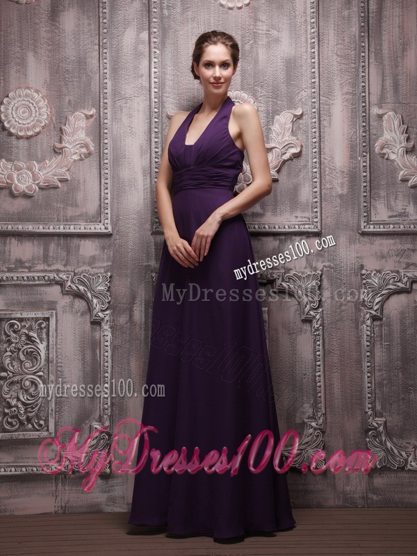 Dark Purple Halter Top V-neck Floor-length Chiffon Prom Evening Dresses