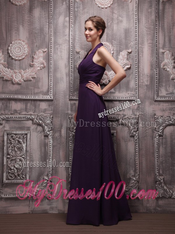 Dark Purple Halter Top V-neck Floor-length Chiffon Prom Evening Dresses