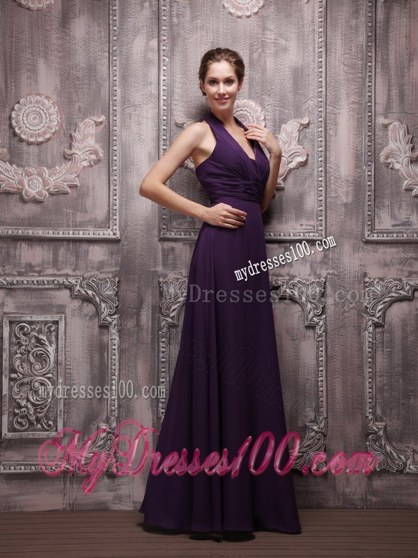 Dark Purple Halter Top V-neck Floor-length Chiffon Prom Evening Dresses