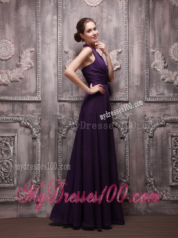Dark Purple Halter Top V-neck Floor-length Chiffon Prom Evening Dresses