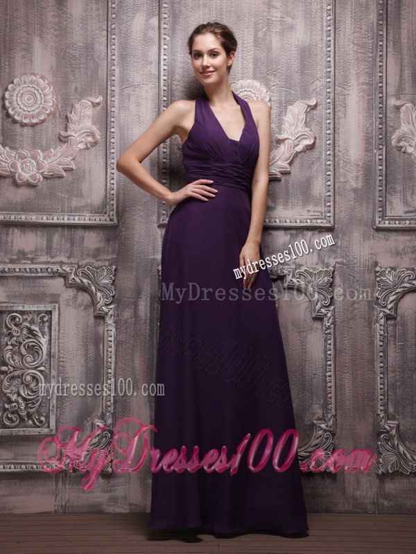 Dark Purple Halter Top V-neck Floor-length Chiffon Prom Evening Dresses
