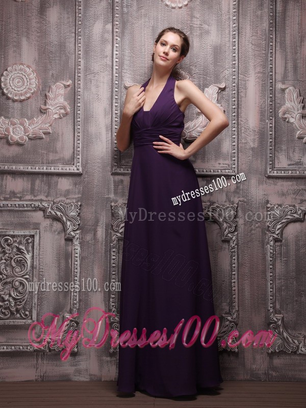 Dark Purple Halter Top V-neck Floor-length Chiffon Prom Evening Dresses