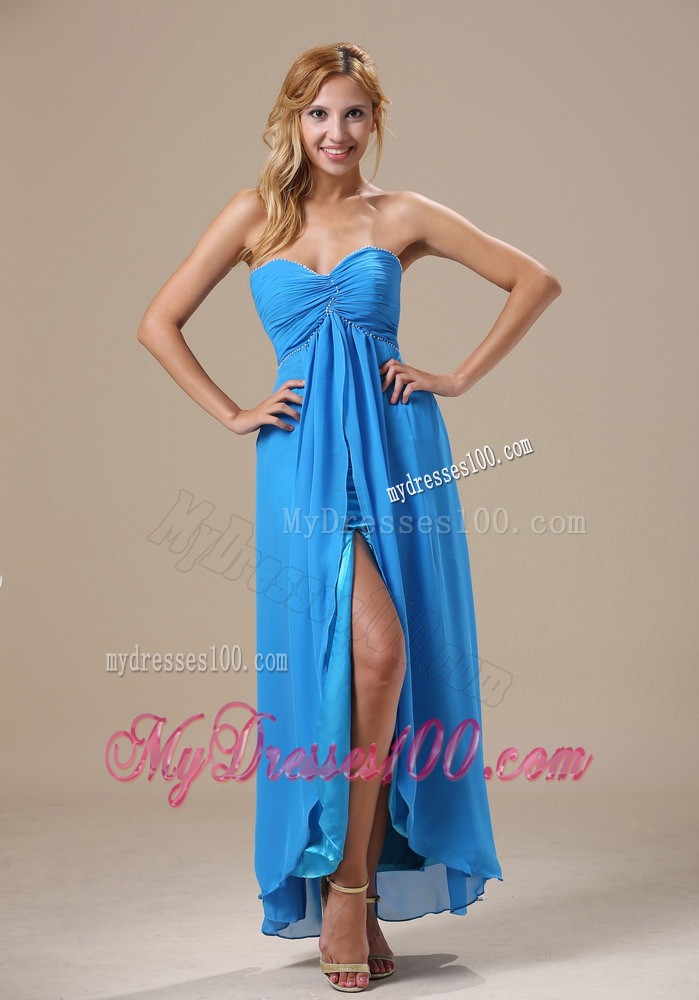 Aqua Blue Corset Back High Slit Column Prom Dresses for Cheap