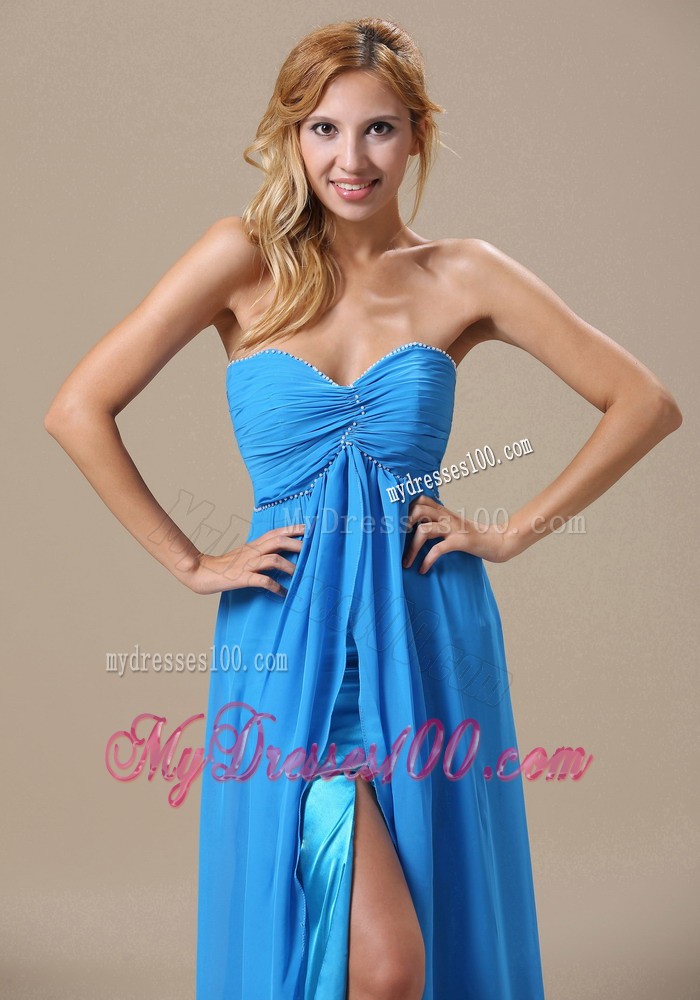 Aqua Blue Corset Back High Slit Column Prom Dresses for Cheap