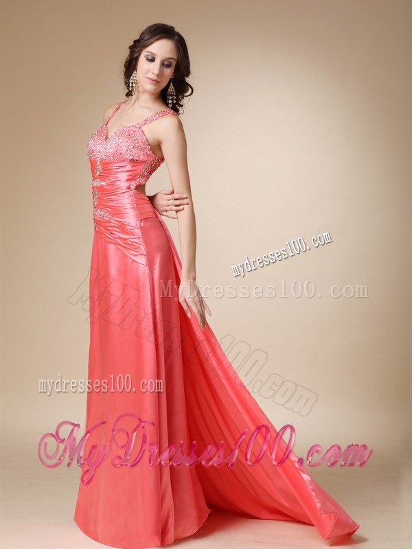 Watermelon Red Sweep Train Elastic Wove Satin Prom Dresses