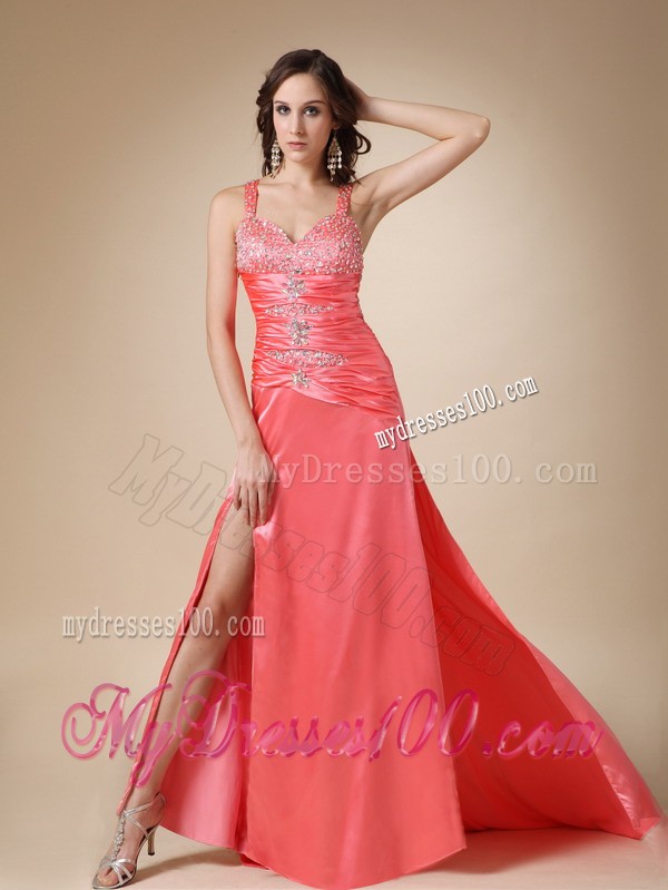 Watermelon Red Sweep Train Elastic Wove Satin Prom Dresses