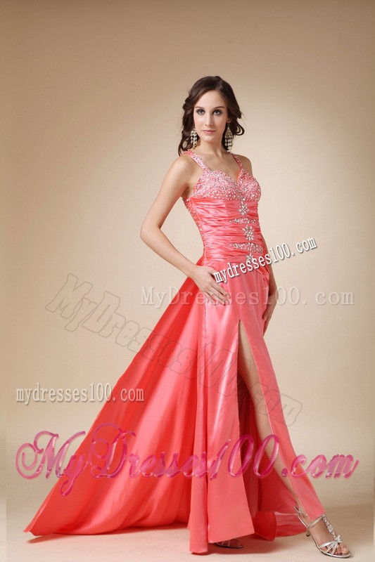Watermelon Red Sweep Train Elastic Wove Satin Prom Dresses