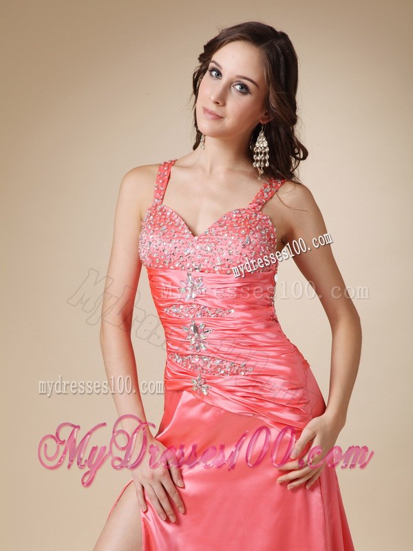 Watermelon Red Sweep Train Elastic Wove Satin Prom Dresses