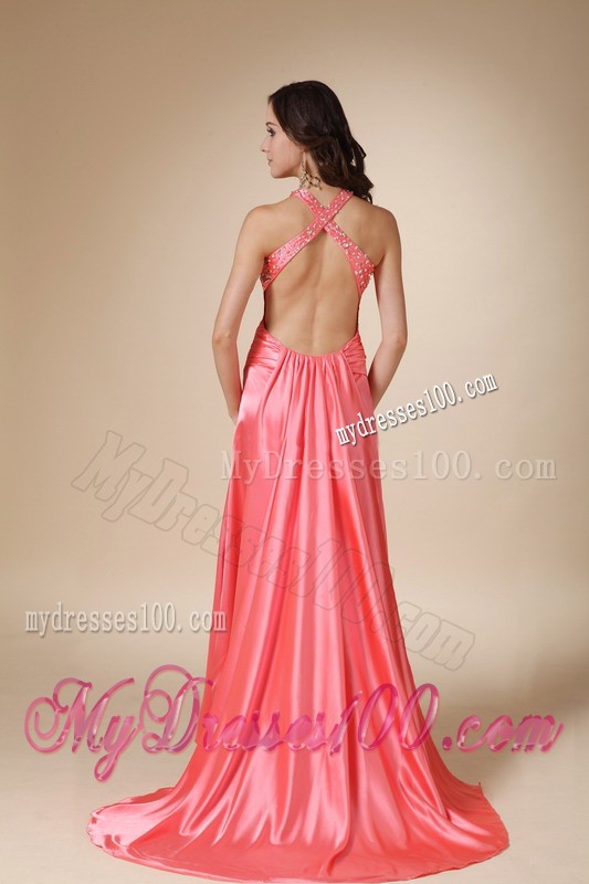 Watermelon Red Sweep Train Elastic Wove Satin Prom Dresses