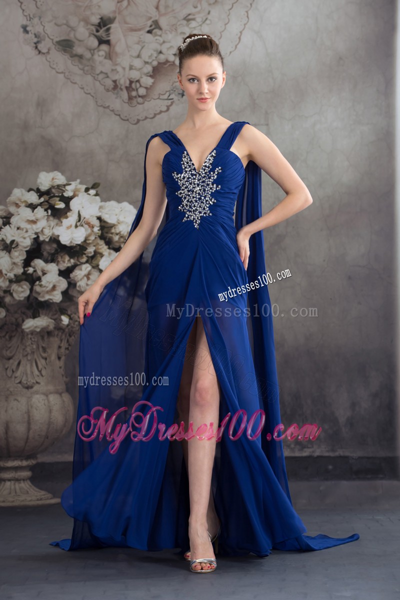 Elegant Watteau Train Beaded High Slit Lace-up Back Prom Evening Dresses