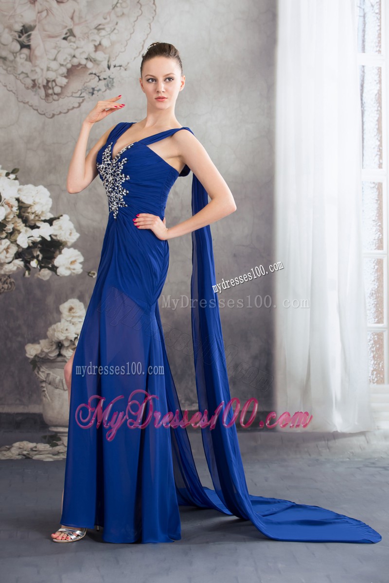 Elegant Watteau Train Beaded High Slit Lace-up Back Prom Evening Dresses