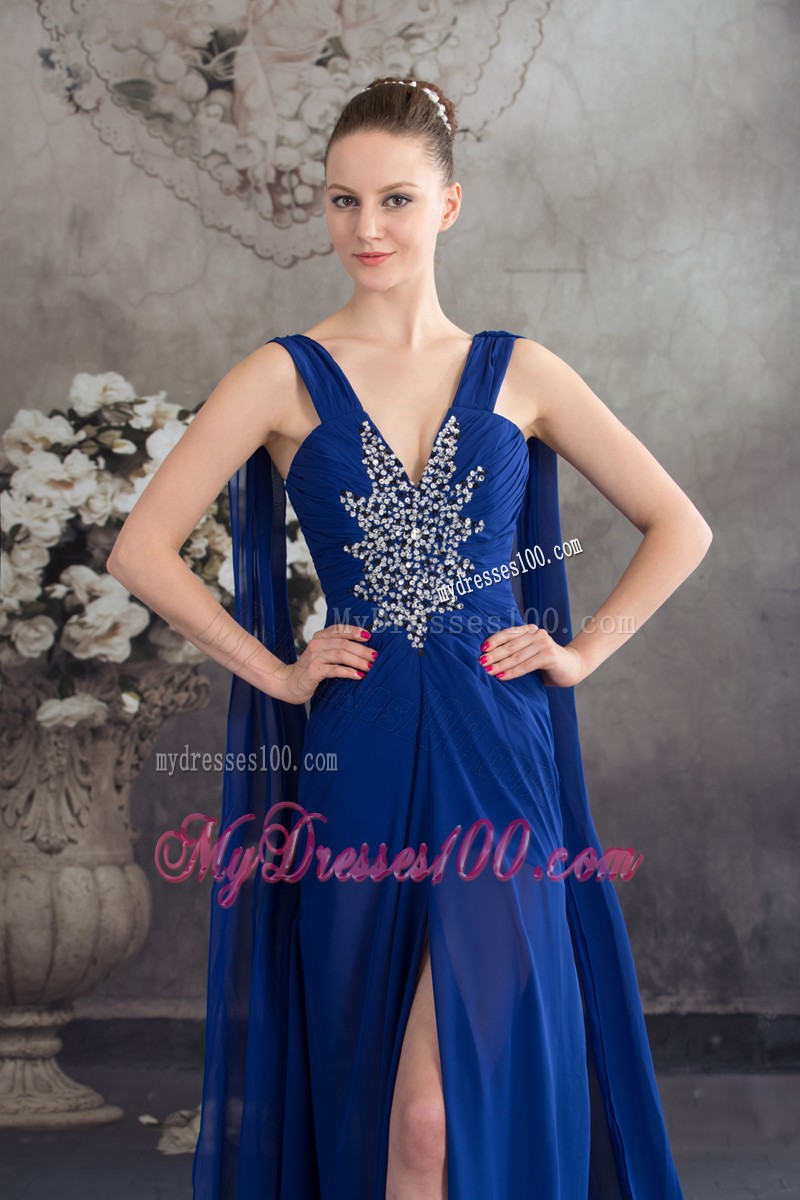 Elegant Watteau Train Beaded High Slit Lace-up Back Prom Evening Dresses