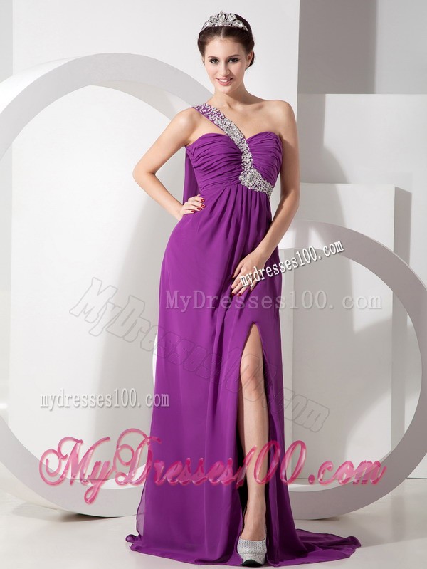 Beaded One Shoulder High-low Chiffon Prom Dress in Purple