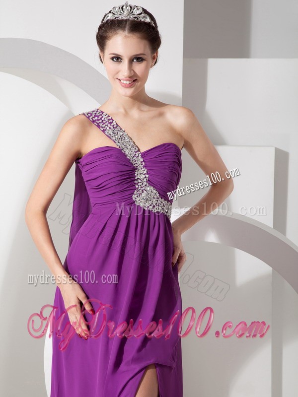 Beaded One Shoulder High-low Chiffon Prom Dress in Purple