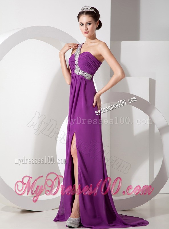 Beaded One Shoulder High-low Chiffon Prom Dress in Purple