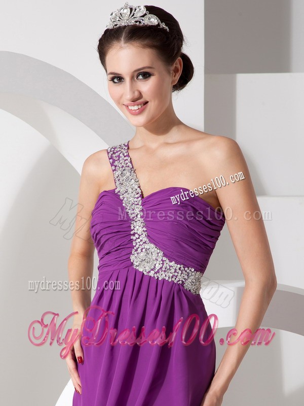Beaded One Shoulder High-low Chiffon Prom Dress in Purple