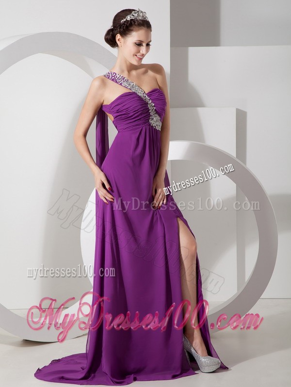 Beaded One Shoulder High-low Chiffon Prom Dress in Purple