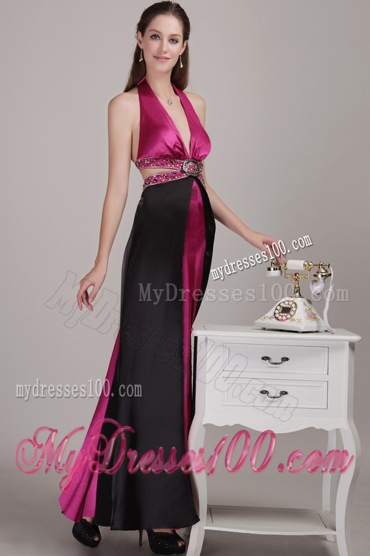 Ankle-length Fuchsia and Black Halter V-neck Cool Back Prom Gown with Rhinestones