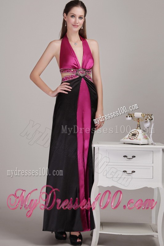 Ankle-length Fuchsia and Black Halter V-neck Cool Back Prom Gown with Rhinestones