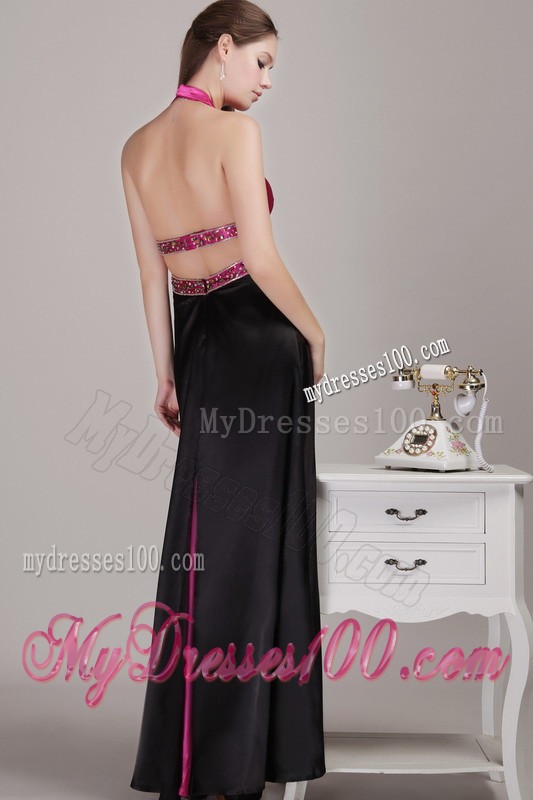 Ankle-length Fuchsia and Black Halter V-neck Cool Back Prom Gown with Rhinestones