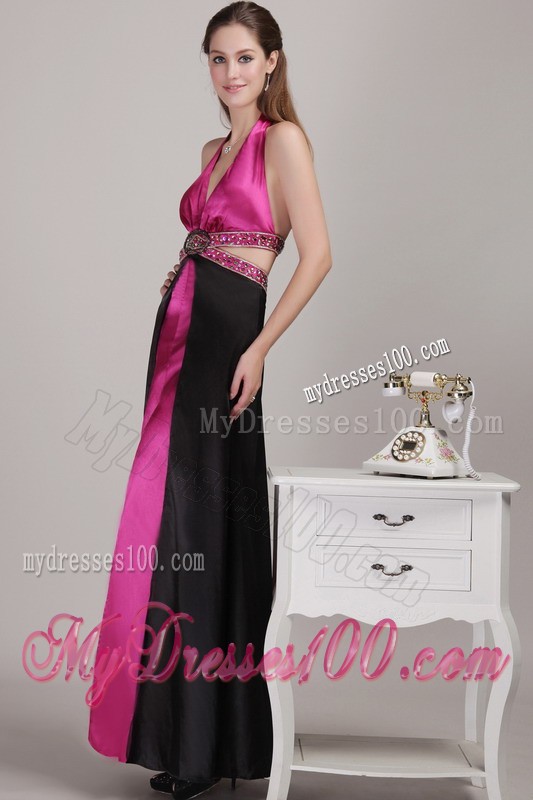 Ankle-length Fuchsia and Black Halter V-neck Cool Back Prom Gown with Rhinestones