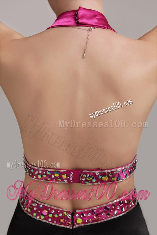 Ankle-length Fuchsia and Black Halter V-neck Cool Back Prom Gown with Rhinestones