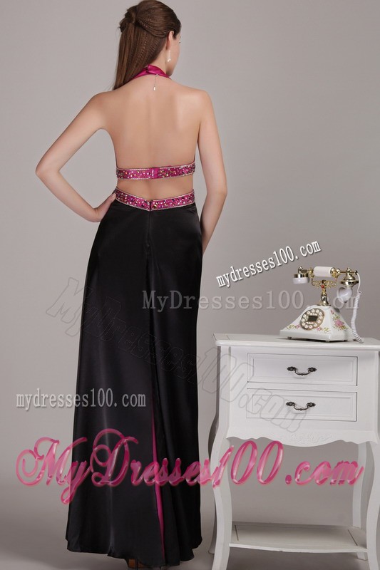 Ankle-length Fuchsia and Black Halter V-neck Cool Back Prom Gown with Rhinestones