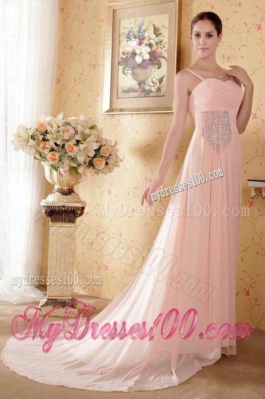 Straps Court Train Baby Pink Prom Bridesmaid Dresses Whit Ruche and Diamonds