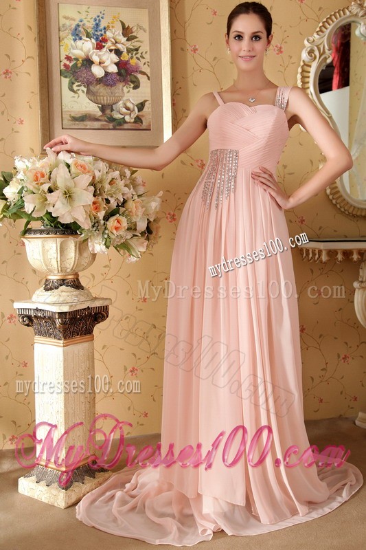 Straps Court Train Baby Pink Prom Bridesmaid Dresses Whit Ruche and Diamonds